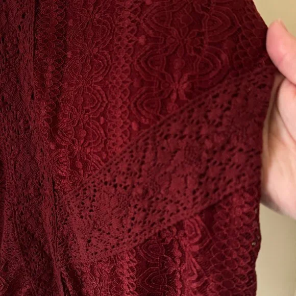 Cable & Gauge Burgundy Lace Blouse Romantic Long Sleeve Top - Picture 9 of 13